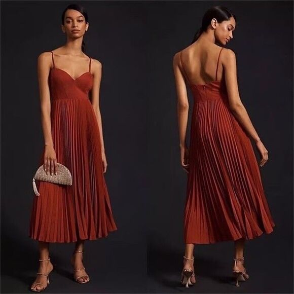 Anthropologie Dresses & Skirts - Anthro Midi Dress Pleated Chiffon Rust Orange Sweetheart Bodice XS 4/6 Chic Prom